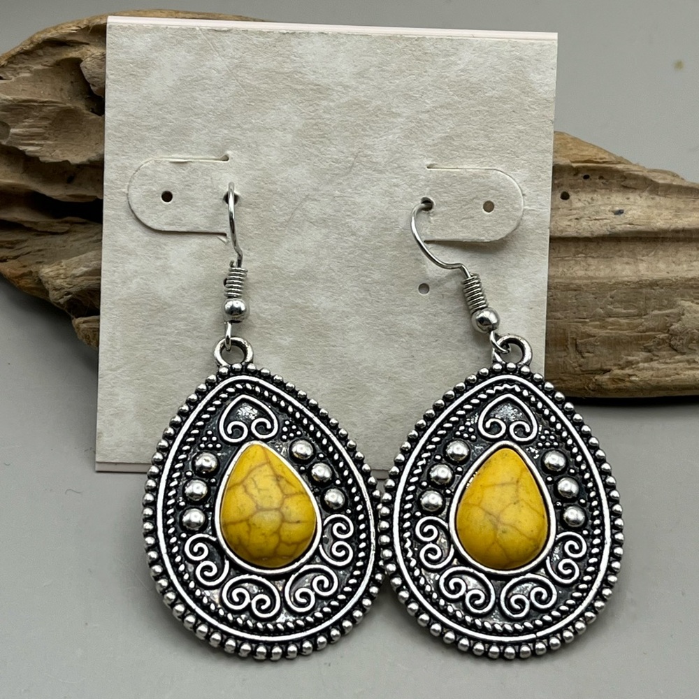 Silver and Yellow Teardrop Earrings-Bohemian Statement Jewelry -Gift